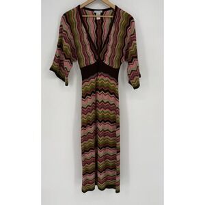 Y2K Chevron Sweater Dresser Women's Size Large Pink Brown Green Knit 3/4 Sleeves